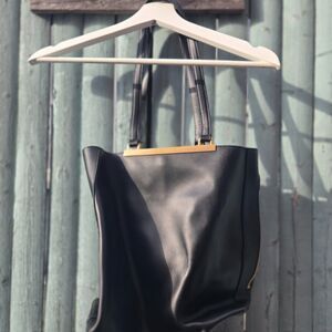 DKNY Donna Karan NY Vintage Black Leather Tote Gold Bar Hardware Shoulder Bag